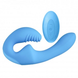 Страпон безремневой Главсексмаг с вибрацией и пультом, голубой